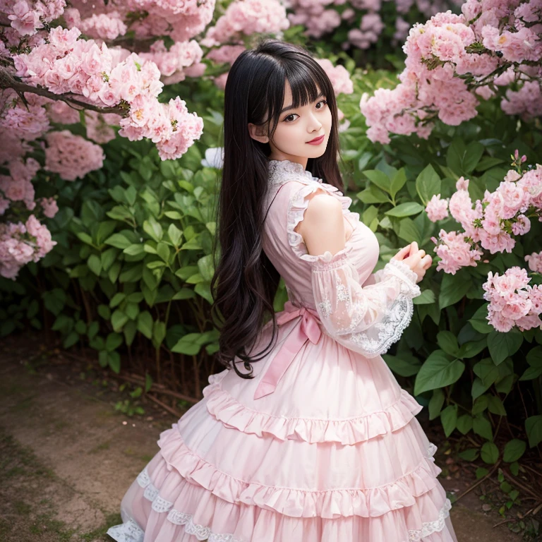 Bow tie at the back of the waist, There is a bow on the back，Sideways photo, Skirt length to calf, cupcake dress, Layered skirt with lace on each layer, Put on a lolita dress, layered dress, Pink Lolita dress, lots of lace, Long sleeve, Wide sleeves, Big Skirt, Layered lace skirt, Lace skirt，Puff sleeves, Wide sleeves, Transparent sleeves, intricate details showcase the ruffles and intricate designs of the Lolita dress, Wearing a lolita dress, in a sea of flowers, best quality, Delicate face，beautiful visual work, lifelike, eternity, black hair, Long curly hair, blunt bangs, Smile, Detailed Background, Delicate face，blush，cold，((masterpiece))、(top quality)、8k、high detail、Super detailed，41 years old，woman， masterpiece、born、Scenes resembling fairy tale illustrations、intricate details和複雜的設計、Beautifully、magic、capricious、 Beautifully、Dream aesthetics、「𝓡𝓸𝓶𝓪𝓷𝓽𝓲𝓬、ethereal、charming、fickle、magic」、realism、Visual effects、FXAA、SSAO、Shader、voiceless、ambient lighting、Tone mapping、High resolution、Ultra high quality、Million pixels、(8K resolution:1.10)、8k、8k以下、8K resolution、high detail、intricate details， (high quality:1.2、masterpiece:1.2、:1.21)、(41 years old，woman:1.21)、(興奮地Smile)、(Surrounded by a dreamy atmosphere、Model diagram，full-body shot，Normal 2 feet，Put your hands behind your back，Breast protrusion visible when wearing clothes, Large Breasts, H cup chest, pink dress, Don't show your fingers, full-body shot， full-body shot，full-body shot，full-body shot，full-body shot，full-body shot，full-body shot，full-body shot，Hands hidden in clothes, Hands hidden in clothes,Hands hidden in clothes,Hands hidden in clothes,Hands hidden in clothes,Hands hidden in clothes,Hands hidden in clothes,Hands hidden in clothes,Hands hidden in clothes, ,Hide your hands in your sleeves ,Hide your hands in your sleeves ,Hide your hands in your sleeves ,Hide your hands in your sleeves ,Hide your hands in your sleeves ,Hide your hands in your sleeves ,Hide your hands in your sleeves ,Hide your hands in your sleeves, Put your arms behind your back, Put your arms behind your back, side view