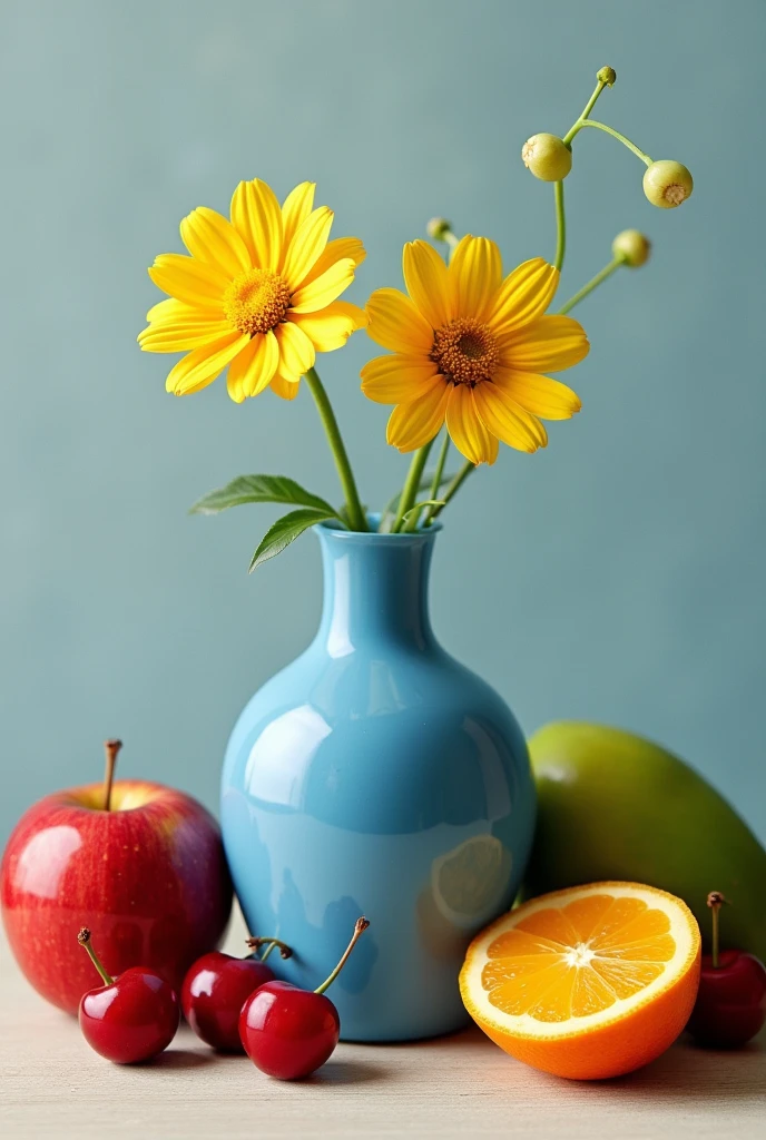 Simple blue vase with shadows with 2 simple yellow flowers, 1 red apple, 2 cherries, 1 green mango and 1 orange one in half that looks like a painted photograph