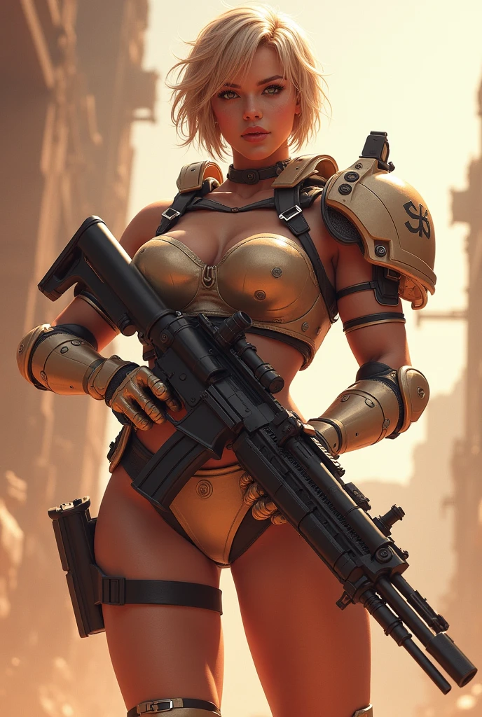 Highly detailed female characters in a team-based action-shooting video game、Job title: Tank、Exquisitely detailed muscular body、Broad shoulders、Thick chest、Developed brachial muscles、Toned Abs、Developed thigh muscles、Beautifully detailed face、Very short hair、Rose gold color scheme、Gatling Gun、Heavy Armor、Tactical Helmet、Concept Art、Intricate details、Hyperrealistic、8k、Highest quality、Photorealistic、masterpiece