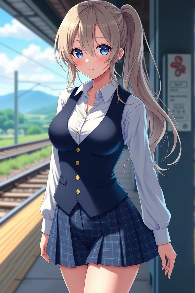 (masterpiece:1.3, top-quality, ultra high res, ultra detailed), (realistic, photorealistic:1.4), beautiful illustration, perfect lighting, natural lighting, colorful, depth of fields, surrealism, beautiful detailed hair, beautiful detailed face, beautiful detailed eyes, beautiful clavicle, beautiful body, beautiful chest, beautiful thigh, beautiful legs, beautiful fingers, shiny skin, babyface, looking at viewer, 1 girl, japanese, high school girl, (perfect anatomy, anatomically correct, super detailed skin), cute and symmetrical face, perfect face, perfect eyes, perfect fingers, (long hair, side ponytail, ash blonde hair), asymmetrical bangs, blue eyes, big eyes, long eyelashes, (large breasts:1.2, seductive thighs), slender, outstanding style, ((detailed cloth texture, break,break, white collared shirt, break,break, navy blue suit vest, break,break, blue plaid pleated skirt, break,break, purple blue bow tie), socks, black loafer), (beautiful scenery), (train station), (standing, leaning forward), (heart shaped pupils, :3, aroused, ahegao, orgasm, in heat, naughty face, seductive smile, open mouth small), focus on panties, prensenting panties, (pink panty:1.2), (pee stain panty:1.5), (yellow stain panties:1.2), holding, (holding panties), ((five fingers)), no panties,