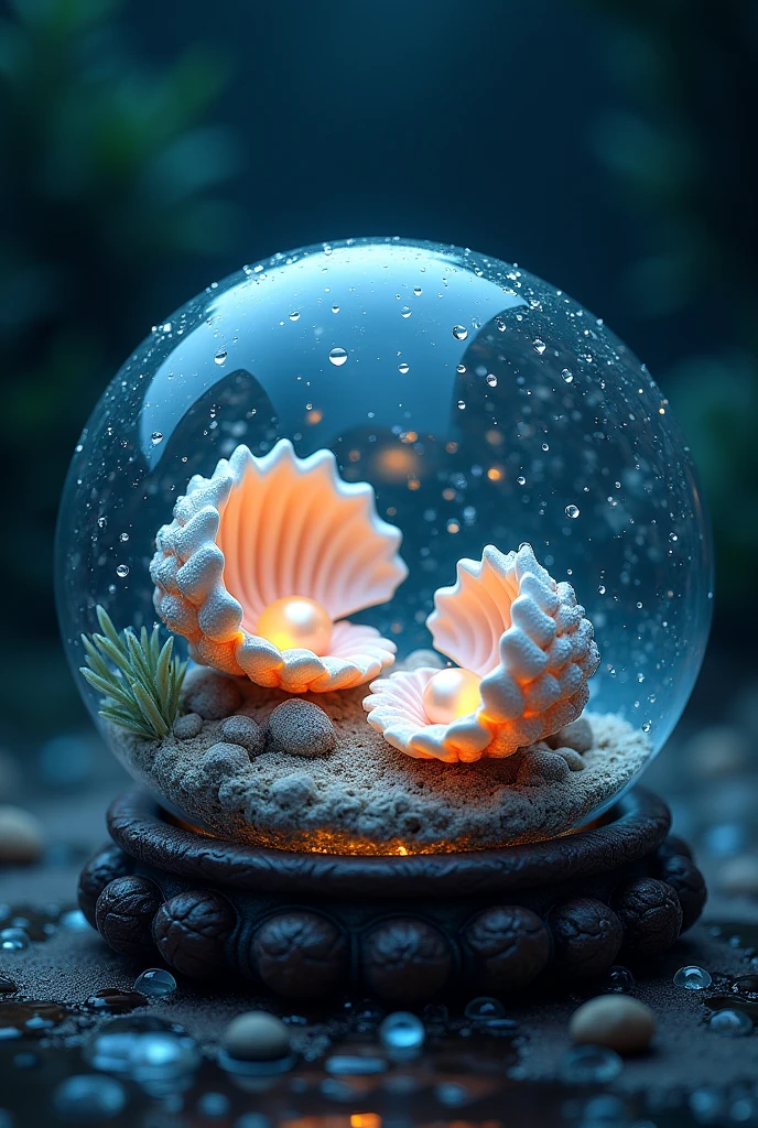 Dans une boule sphère de cristal, deux coquilles Saint-Jacques scintillante et lumineuses aux détails surnaturel en deux parties coquille ouverte avec une jolie perle de culture. Dans cette même sphère laissant apparaître le fond marin et ses Décor ultra mignon. Cute. Gouttelette d'eau grandes et petites. Couleurs dominantes sombres et marines. Prise de vue où chaque détail compte. ((Ultra détaillé)). Grande finesse. Travail époustouflant. Chef d'oeuvre. Sphère lumineuse. Primé en galerie