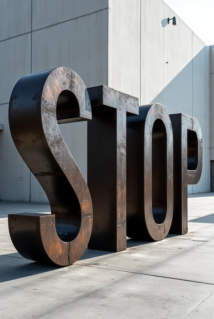 Write me a letter "STOP" made of steel carving