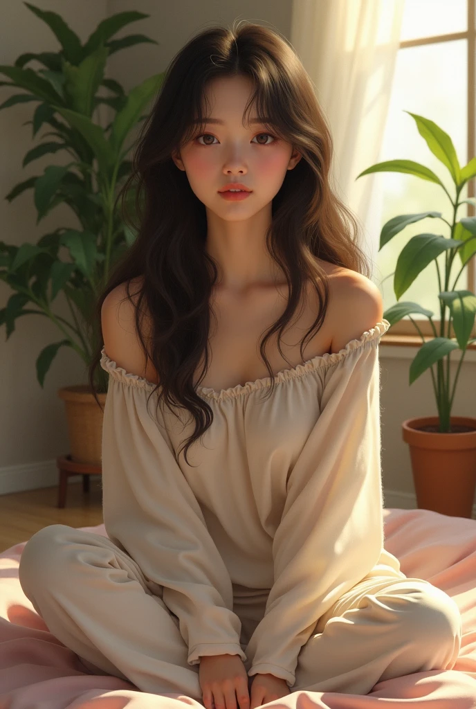 (photorealism:1.2), beautiful japan girl, 21 age, sitting on bed, wearing loose off-shoulder top, pajama pants, long curly hair, indoors, soft lighting, plants in background, window with sunlight, cozy room, relaxed pose, realistic, intricate details, warm colors, by Greg Rutkowski, by Alphonse Mucha