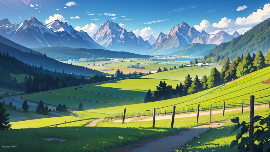Create a central perspective landscape of a vineyard where the trees can be seen, bushes and mountains