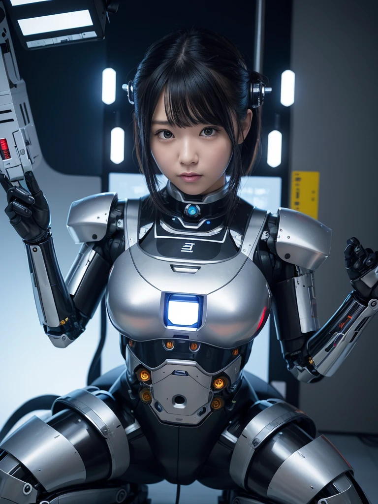 masterpiece, Highest quality, Very detailed, Japaese アンDroid girl,Portraiture,Plump,Thick,Control panel,アンDroid,Droid,Mechanical Hand, robotの腕と脚, Black Hair,Blunt bangs,perfect robot girl,Long tube,A thick cable was attached to her neck.,アンDroid,robot,humanoid,cyborg,japanese cyborg girl ,robot-assembly plant,She is now assembling,Assembly scene,Chubby,Squat