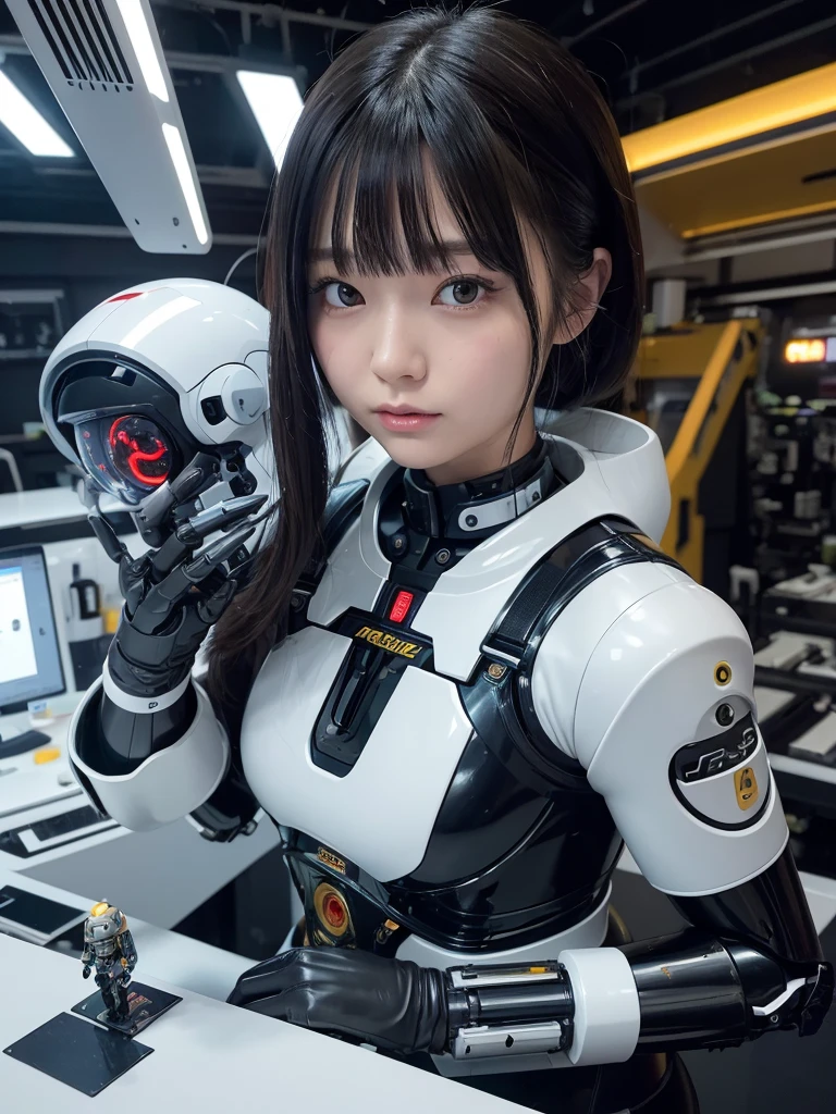 masterpiece, Highest quality, Very detailed, Japaese アンDroid girl,Portraiture,Plump,Thick,Control panel,アンDroid,Droid,Mechanical Hand, robotの腕と脚, Black Hair,Blunt bangs,perfect robot girl,Long tube,A thick cable was attached to her neck.,アンDroid,robot,humanoid,cyborg,japanese cyborg girl ,robot-assembly plant,She is now assembling,Assembly scene,Chubby,Squat