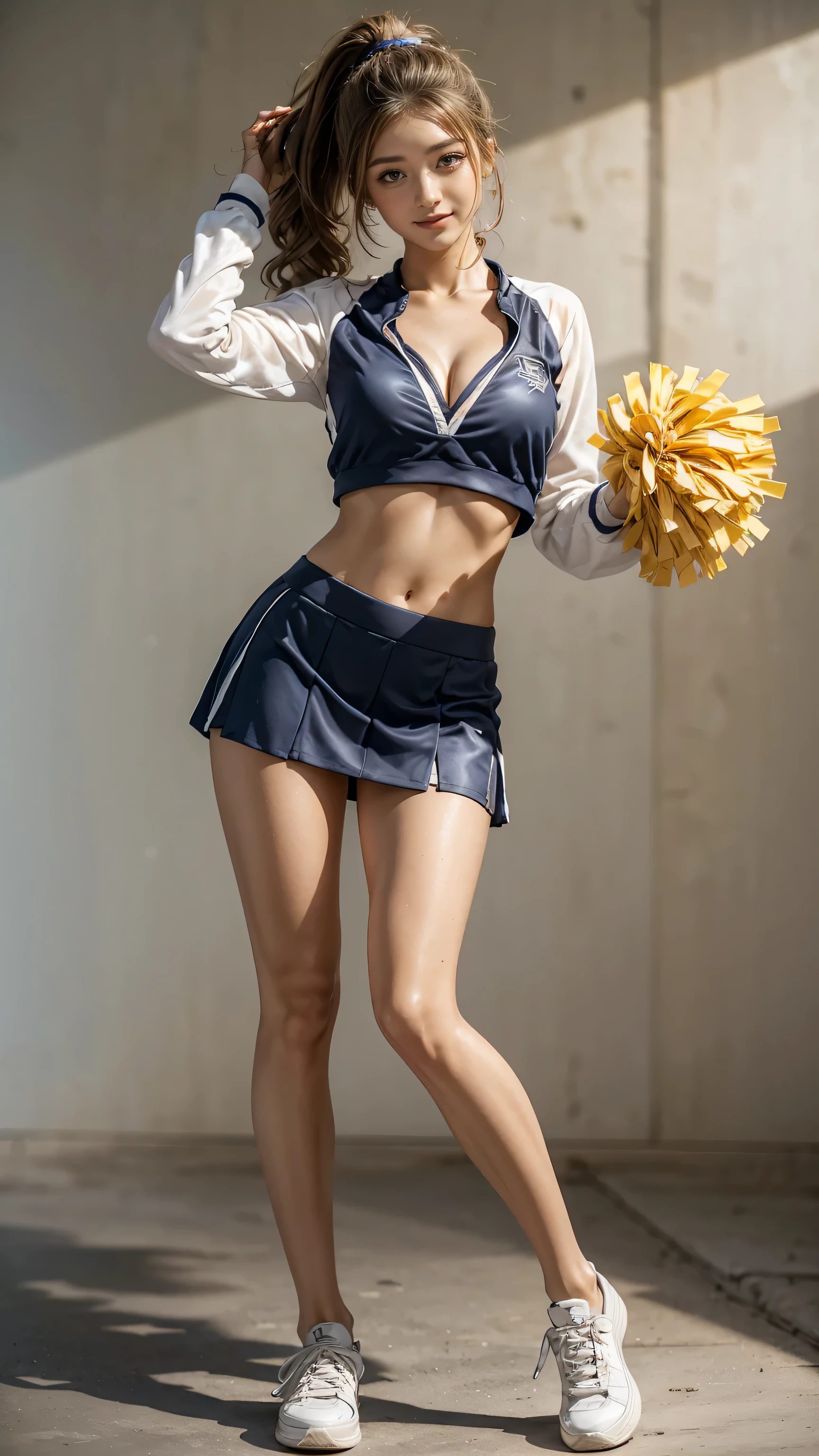((Highest quality, Tabletop, Ultra-high resolution、The most complex and detailed depiction))、(Bright lighting:1.1)、(Beautiful woman:1.1)、(Very light wavy hair:1.5)、(voluminous ponytail:1.5)、((Sexy Cheerleader)),((Yellow Cheerleader Uniform)),((No sleeve)),((Extremely short micro mini skirt)),((sneakers)), ((I can see your belly)), (Sexy pose:1.5),Best smile:1.5,Full Body Shot:1.5,Gray background:1.5,Blonde wavy hair:1.8,Random Blonde:1.8,Curly Hair:1.8,Long Hair:1.5,sleek bangs:1.8,Large Breasts:1.2,gal,Sunburned skin:1.9,Thin fingers:1.5,smile:1.5,The whites of the eyes are clear:1.8,Centered:1.5,