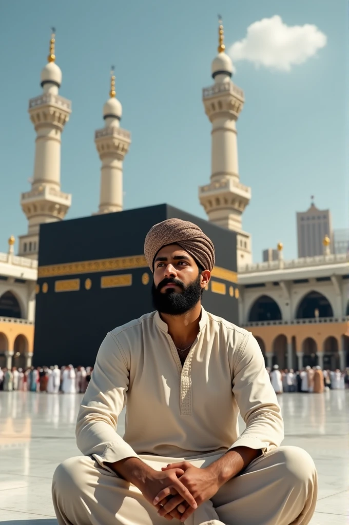 A 20-year-old boy wearing Punjabi clothes and wearing a cap sits in front of Makkah Sharif. His name is Saidul
