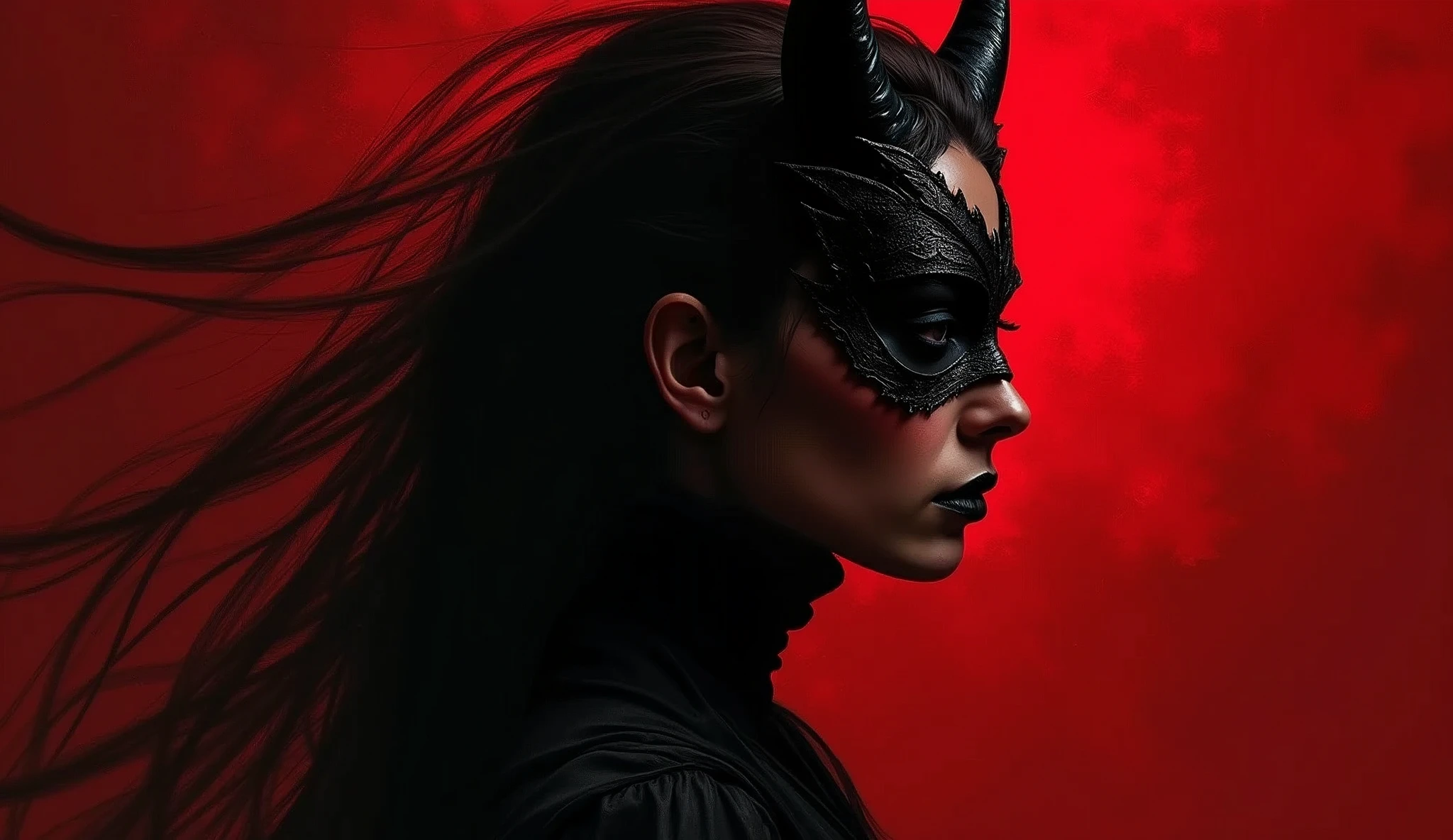 female female, demon, mask deifies, personality traits, darkness and death, spiritual transformation, beautiful but shadowy, Digital painting, modern era, primary use of red and black with a monochrome subject on a saturated background. The technique employs bold brush strokes and a high contrast color scheme that emphasizes the black background