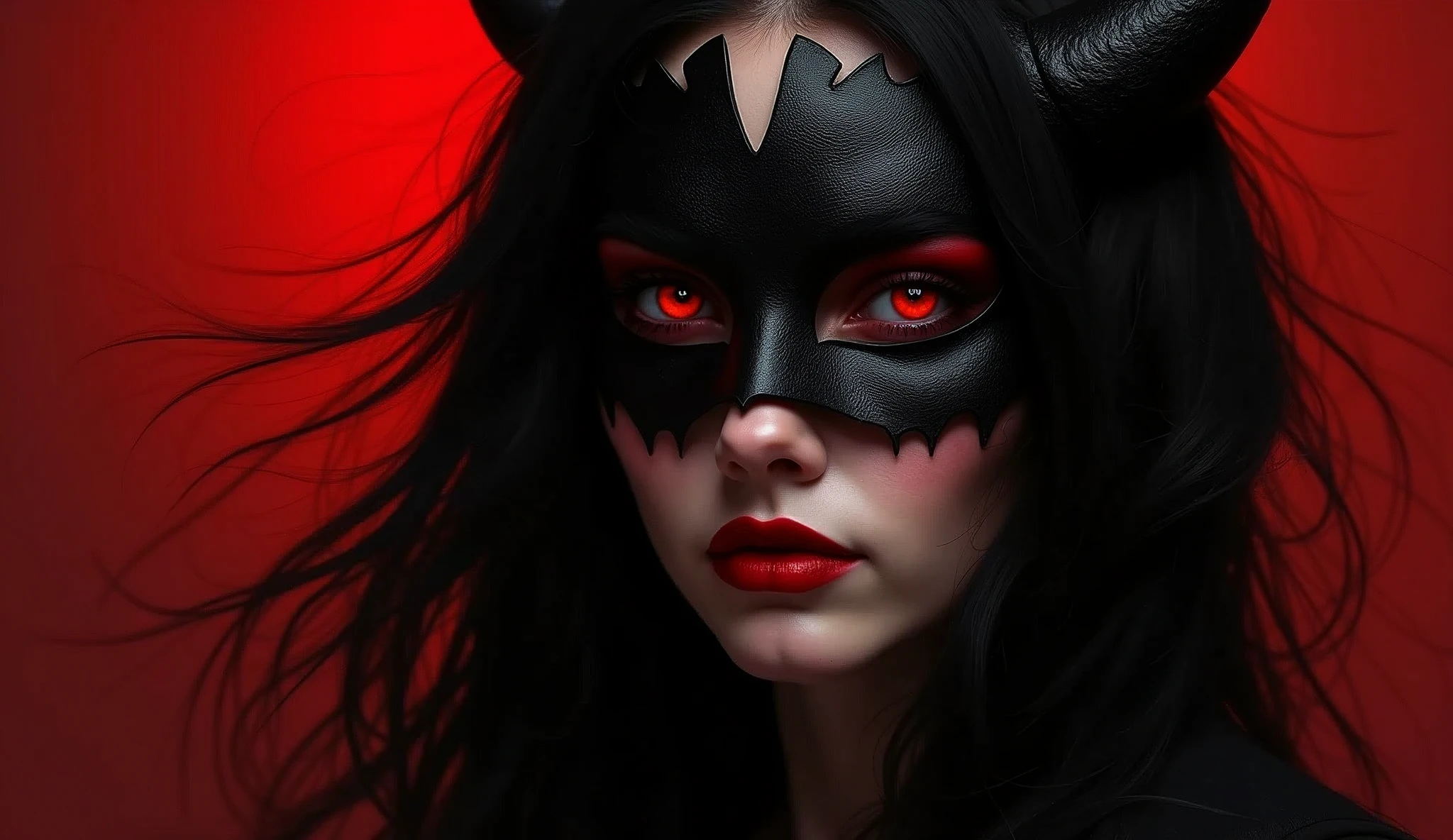 female female, demon, mask deifies, personality traits, darkness and death, spiritual transformation, beautiful but shadowy, Digital painting, modern era, primary use of red and black with a monochrome subject on a saturated background. The technique employs bold brush strokes and a high contrast color scheme that emphasizes the black background