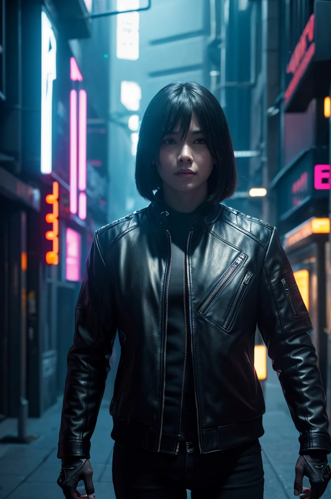 Ultra-realistic, Realistic texture, Dramatic lighting, (Highest quality:1.1), Depth of written boundary, at night, In a futuristic cyberpunk city, High resolution, shallow Depth of written boundary, Wide light, High Contrast, Backlight, bloom, The light shines, chromatic aberration, Sharp focus, Futuristic clothing, leather jacket, Beauty 512, In the middle,