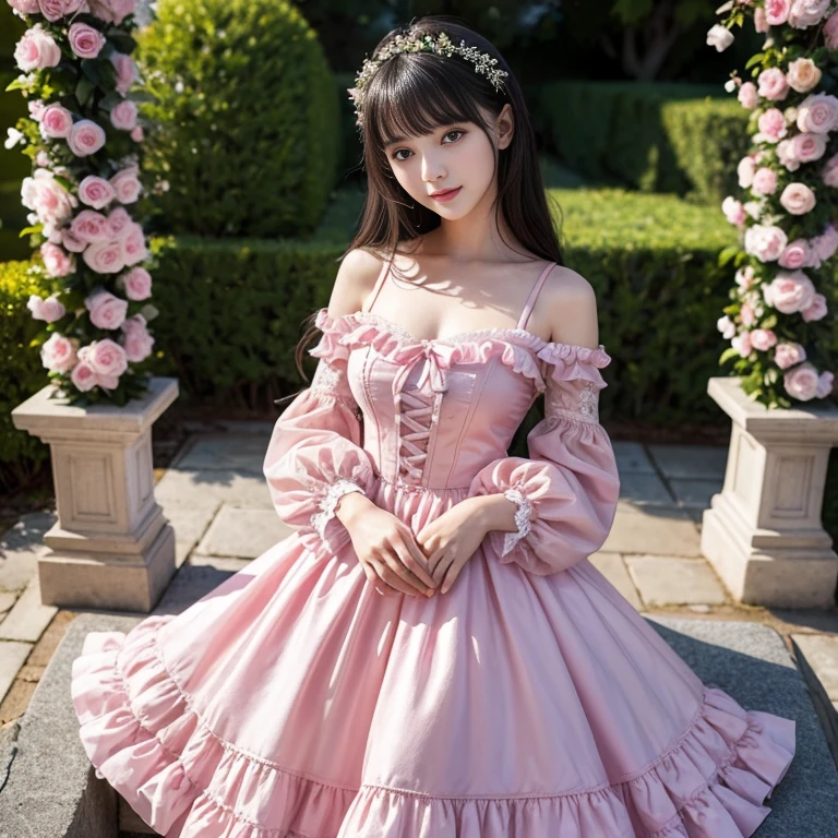 Bow tie at the back of the waist, There is a bow on the back，Sideways photo, Skirt length to calf, cupcake dress, Layered skirt with lace on each layer, Put on a lolita dress, layered dress, Pink Lolita dress, lots of lace, Long sleeve, Wide sleeves, Big Skirt, Layered lace skirt, Lace skirt，Puff sleeves, Wide sleeves, Transparent sleeves, intricate details showcase the ruffles and intricate designs of the Lolita dress, Wearing a lolita dress, in a sea of flowers, best quality, Delicate face，beautiful visual work, lifelike, eternity, black hair, Long curly hair, blunt bangs, Smile, Detailed Background, Delicate face，blush，cold，((masterpiece))、(top quality)、8k、high detail、Super detailed，41 years old，woman， masterpiece、born、Scenes resembling fairy tale illustrations、intricate details和複雜的設計、Beautifully、magic、capricious、 Beautifully、Dream aesthetics、「𝓡𝓸𝓶𝓪𝓷𝓽𝓲𝓬、ethereal、charming、fickle、magic」、realism、Visual effects、FXAA、SSAO、Shader、voiceless、ambient lighting、Tone mapping、High resolution、Ultra high quality、Million pixels、(8K resolution:1.10)、8k、8k以下、8K resolution、high detail、intricate details， (high quality:1.2、masterpiece:1.2、:1.21)、(41 years old，woman:1.21)、(興奮地Smile)、(Surrounded by a dreamy atmosphere、Model diagram，full-body shot，Normal 2 feet，Put your hands behind your back，Breast protrusion visible when wearing clothes, Large Breasts, H cup chest, pink dress, Don't show your fingers, full-body shot， full-body shot，full-body shot，full-body shot，full-body shot，full-body shot，full-body shot，full-body shot，Hands hidden in clothes, Hands hidden in clothes,Hands hidden in clothes,Hands hidden in clothes,Hands hidden in clothes,Hands hidden in clothes,Hands hidden in clothes,Hands hidden in clothes,Hands hidden in clothes, ,Hide your hands in your sleeves ,Hide your hands in your sleeves ,Hide your hands in your sleeves ,Hide your hands in your sleeves ,Hide your hands in your sleeves ,Hide your hands in your sleeves ,Hide your hands in your sleeves ,Hide your hands in your sleeves, Put your arms behind your back, Put your arms behind your back, side view
