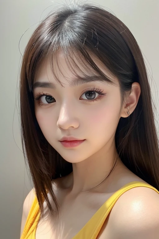 High-quality, ultra-realistic portraits。She has a beautiful nose、Her facial features are gorgeous yet naturally balanced.。((Big eyes are kind、Gives a bright impression))。The skin is transparent、Has a healthy glow。Makeup is natural、Use orange or mustard colored eyeshadow.、Lip color is subdued。The lighting is soft and natural.、Accentuating facial features、Does not emphasize shadows。The background is simple and has a blurred gradient.、Focus on the face。
