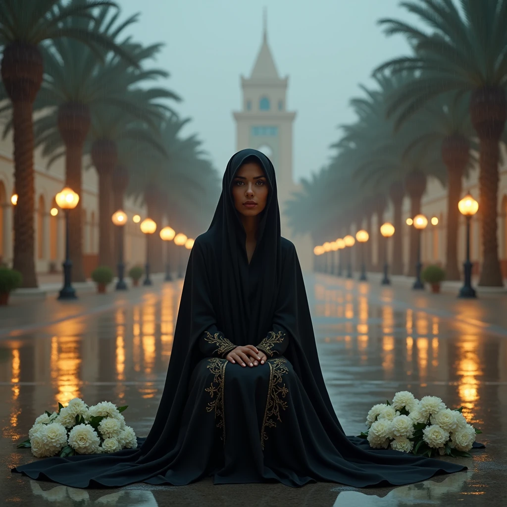 ((( masterpiece ))), (((Highest quality))), ((Very detailed)), (photograph), (photo:1.2) of One day with rain and fog at evening, a very beautiful black-skinned Syrian woman, squatting, in the middle of a typical Arabic plaza (fountains, palm trees, columns and capitals, a synagogue and a minaret in the distance). She is in a resting pose with her arms covered by the sleeves of the dress and in the background you can see a desert dunes landscape. She is wearing a traditional female arabic dark black dress and her long black dress is embroidered with golden threads. Her hair is covered by a black chador and she has floral arrangements of white geraniums around her. Low-height angled POV. Cinematic lights. Masterpiece, best quality, 8K, photo realistic, wallpaper, wallpaper 8k, photographic contest winner, Hyperrealistic art cinematic film still photography in the style of detailed hyperrealism photoshoot. [Entire scene is surrounded by lights, evoking a magical and eerie atmosphere. The lighting is bright and atmospheric, with smoke adding a touch of sinister ambiance. Best quality image, HDR enhancement, showcasing the utmost level of detail and realism]. [8K, Best Quality, Ultra High Resolution, (highly detailed CG unity 8k wallpaper), (best photo), (best shadows), isometric 3D, octane rendering, ray tracing, highly detailed, (Best quality, 4K, 8k:1.2), absurdity, ultra detailed, (realistic, photorealistic, photorealistic:1.37), complex parts, HDR, (complex parts:1.12), (hyper detailed, hyper realistic, Soft lighting, spicy:1.2), (complex parts, Hyper detailed:1.15). Blurred foreground. (backlit), masterpiece, high quality, brightness, chromatic aberration, foggy smoke, shadows, contrast, clear sky, (warm hue, warm tone), high details, natural reflections].