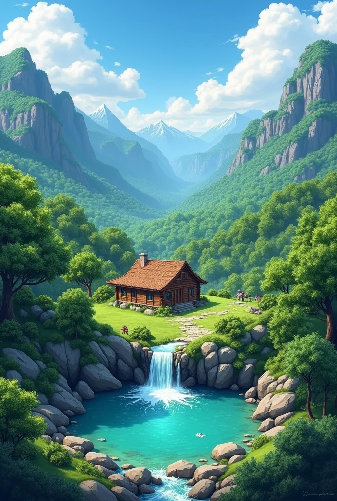 The image is an aerial view of a beautiful landscape with a small wooden cabin in the center. The cabin is made of wood and has a sloping roof, and it is surrounded by lush greenery and trees. In the center of the image, there is a small pool of turquoise water with a waterfall cascading down the rocks. The pool is located in the middle of a green valley, with a mountain in the background. The sky is blue and there are a few clouds scattered across it. The overall atmosphere is peaceful and serene.