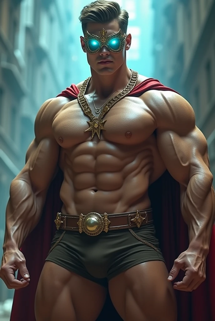 Dressed as the superhero “Mental Mind” a very handsome, sweet and truly massive monster Caucasian bodybuilder is showing off his huge bicep muscles and meaty thighs. Intense young adult. brown hair, powerfully muscled, massive shoulders and biceps. well-defined six pack. Thick gold necklace. Eye mask and cape. Big bulge in crotch. Eyes glowing blue from his psychic powers