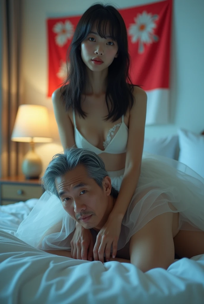 A very young japannes girl using a whte transparant skirt and black underwear sitting on a 55 year Indonesia man that laying in a bed , room very cool and beautiful lighting, very detail in 8k photograp, face to Camera with background Indonesia flag the coulor red and white.