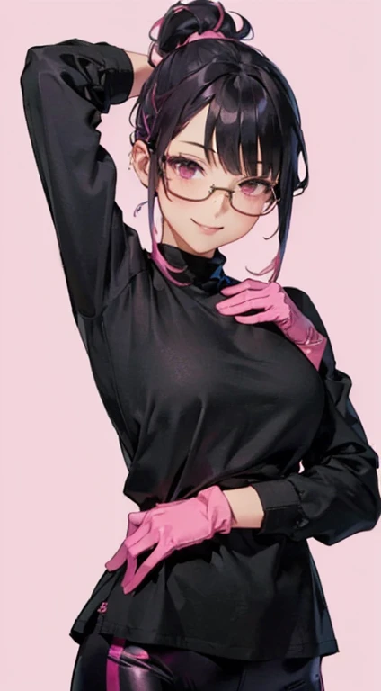 masterpiece, best quality, highres, ((1girl)), ((solo)) smile, black hair, ((medium breasts)), (heavy lines), perfect anatomy, (long hair), pink eyes, ((pink inner hair)), ponytail, azki_(hololive),(((Nyantcha style))), looking at viewer, asymmetrical bangs, black shirt, long sleeves, pink gloves, black yoga pants, glasses,