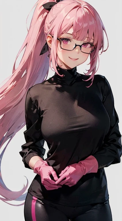 masterpiece, best quality, highres, ((1girl)), ((solo)) smile, black hair, ((medium breasts)), (heavy lines), perfect anatomy, (long hair), pink eyes, ((pink inner hair)), ponytail, azki_(hololive),(((Nyantcha style))), looking at viewer, asymmetrical bangs, black shirt, long sleeves, pink gloves, black yoga pants, glasses, 