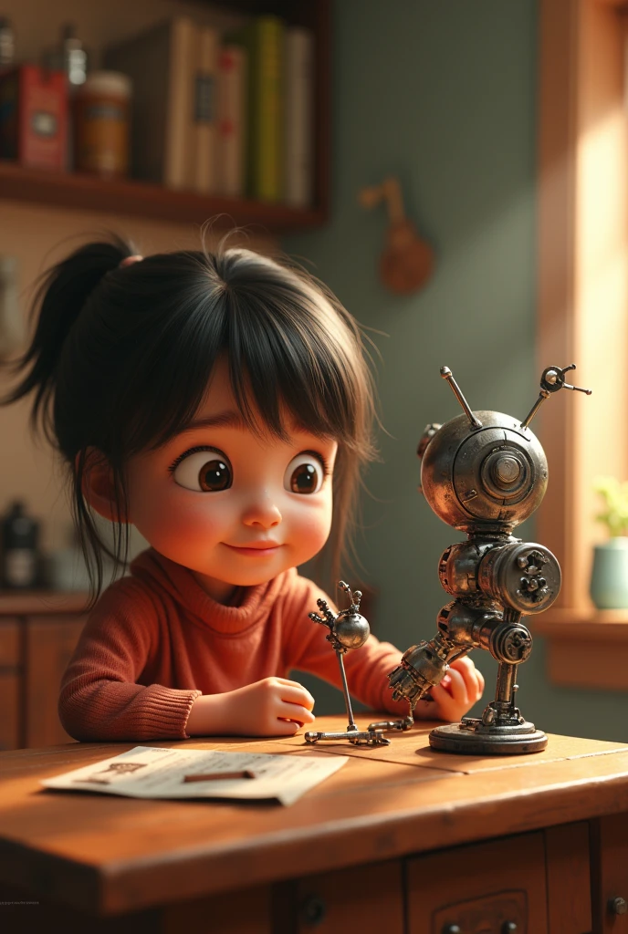 Create a Disney Pixar-Inspired 3D Movie Poster, The scenes should be in Pixar&#39;s signature digital art style, Girl sitting at the table，A broken mechanical arm on the maintenance table