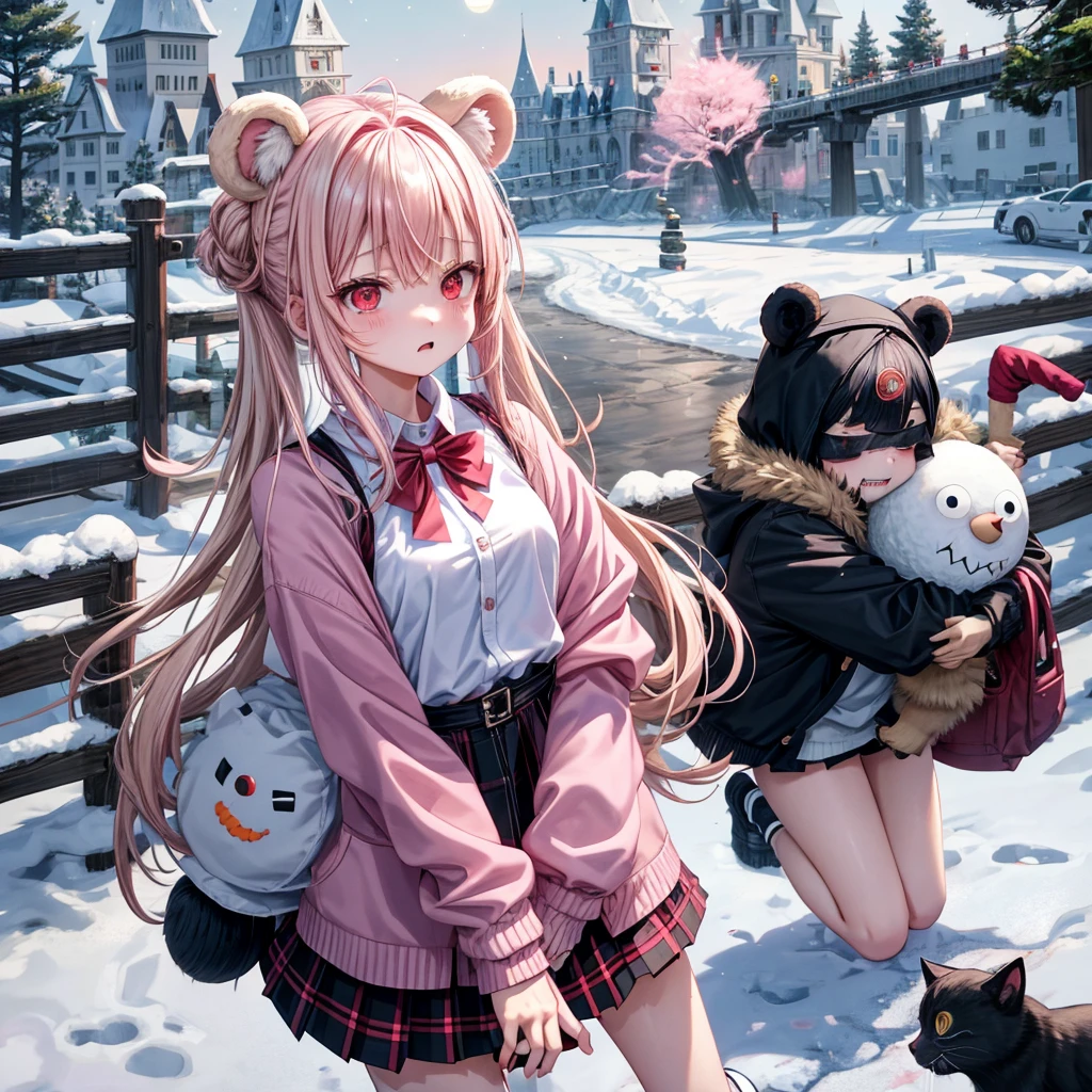 Pink Blonde、Red eyes、Hair tied up、Two cute、Checked mini skirt、black t-shirts、cardigan、coat、Knee-high socks、bear ears baseball cap、Burning Full Moon、The tree is dead、Snowballs are piling up、Cat Snowman、Teeth are visible、Monster Castle、Tilting face、crossing the bridge、Black and White