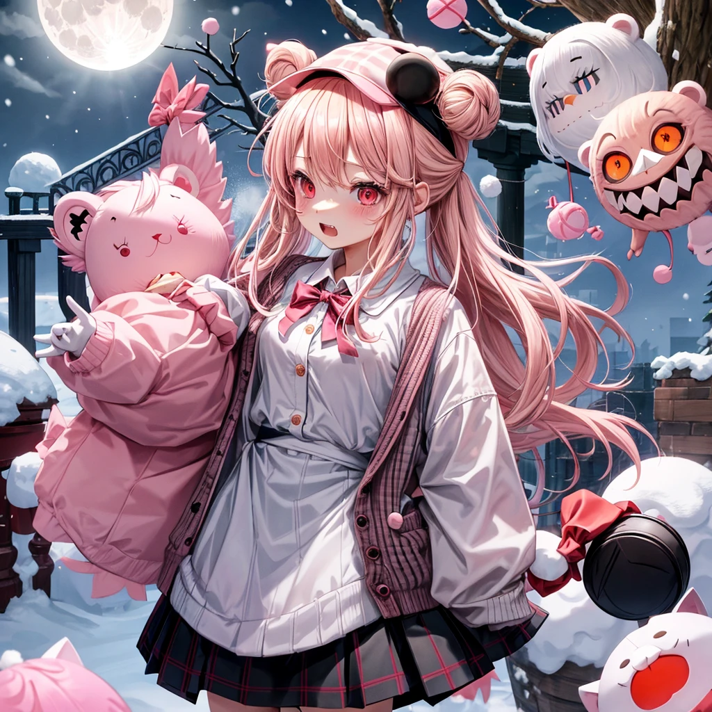 Pink Blonde、Red eyes、Hair tied up、Two cute、Checked mini skirt、black t-shirts、cardigan、coat、Knee-high socks、bear ears baseball cap、Burning Full Moon、The tree is dead、Snowballs are piling up、Cat Snowman、Teeth are visible、Monster Castle、Tilting face、crossing the bridge、Black and White