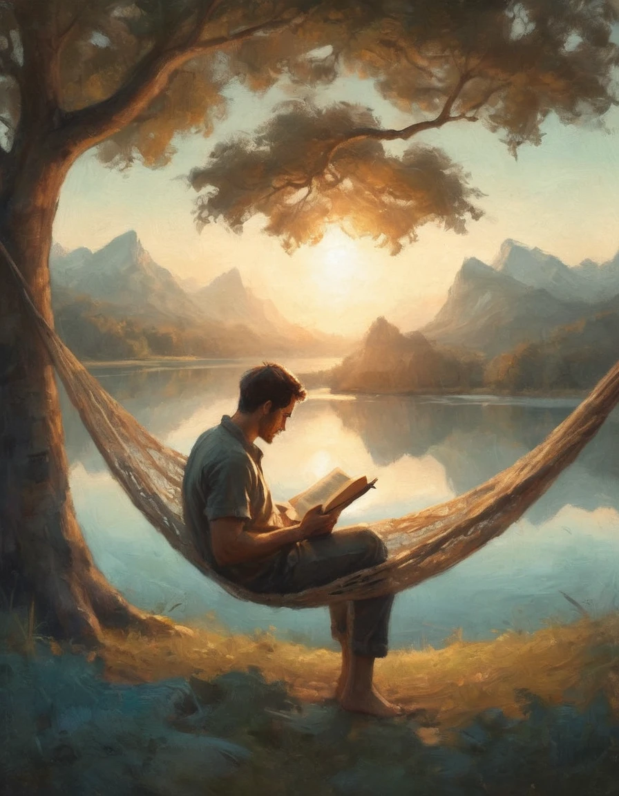 Hyperreal digital art style, "Fairytale", fantasy world coming out of centered book, open book, hyperdetailed double exposure fantasy illustration, masterpiece, cinematic, by Andreas Lie, Luke Gram, photorealism, backlit, gorgeous light, a man from behind resting in a hammock reading a book