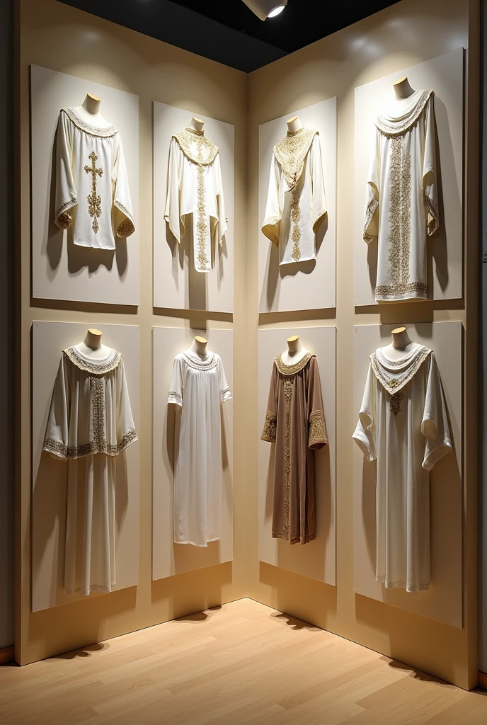 I am doing my thesis on baptism garments actually I made them so now I have to make a display for it or iam confused so help with ideas how display And also I have a 10 different boards of A3 size also adjust them or religious elements also 4 male garments add boards 