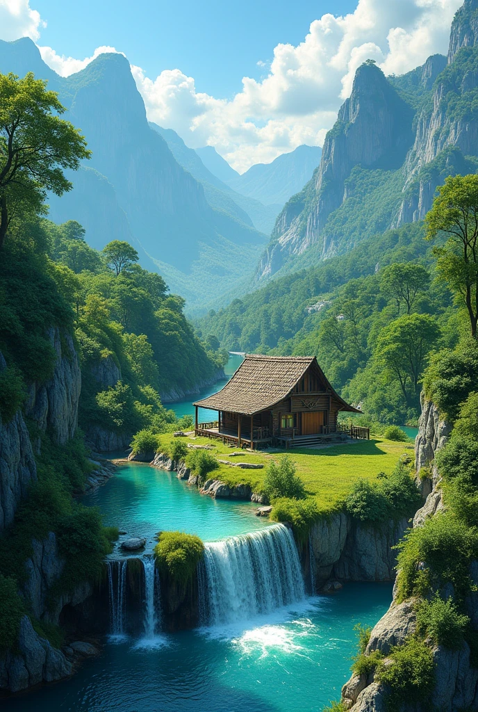 The image is an aerial view of a beautiful landscape with a small wooden cabin in the center. The cabin is made of wood and has a sloping roof, and it is surrounded by lush greenery and trees. In the center of the image, there is a small pool of turquoise water with a waterfall cascading down the rocks. The pool is located in the middle of a green valley, with a mountain in the background. The sky is blue and there are a few clouds scattered across it. The overall atmosphere is peaceful and serene.