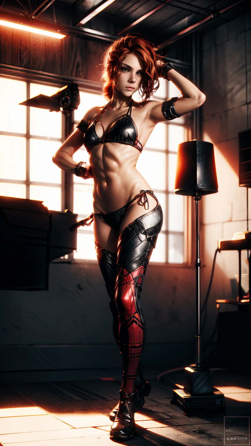 A beautiful girl with medium red hair in a low loose ponytail, Jesse Faden from the video game "Control", (Courtney Hope), BREAK: (arms behind her head:1.3), head tilted away from the camera, shy expression, (leaning against a wall with one leg bent at knee and hip), (placing foot on the wall:1.3) BREAK: wearing (crimson red slingshot bikini), (red sling-shot bikini), BREAK: dishevelled abandoned office interior with white walls, atmospheric lighting, moody lighting, highly detailed, photorealistic, 8k, best quality, masterpiece, BREAK: best face, Courtney Hope's face, physically based rendering, correct anatomy, correct face structure, perfect pose