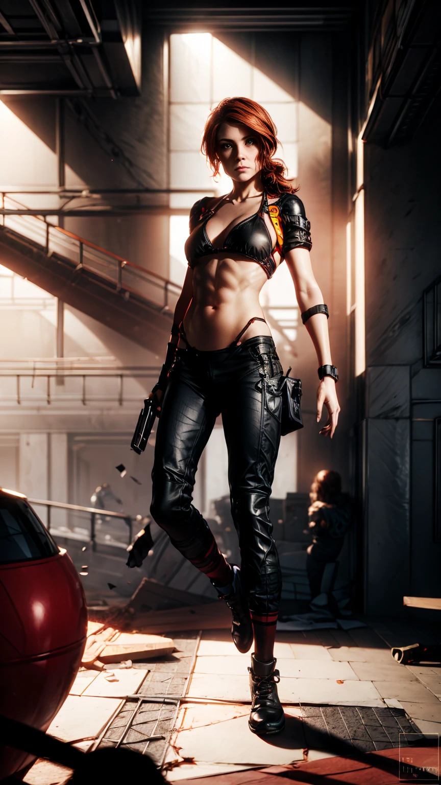 A beautiful girl with medium red hair in a low loose ponytail, Jesse Faden from the video game "Control", (Courtney Hope), BREAK: (arms behind her head:1.3), head tilted away from the camera, shy expression, (leaning against a wall with one leg bent at knee and hip), (placing foot on the wall:1.3) BREAK: wearing (crimson red slingshot bikini), (red sling-shot bikini), BREAK: dishevelled abandoned office interior with white walls, atmospheric lighting, moody lighting, highly detailed, photorealistic, 8k, best quality, masterpiece, BREAK: best face, Courtney Hope's face, physically based rendering, correct anatomy, correct face structure, perfect pose