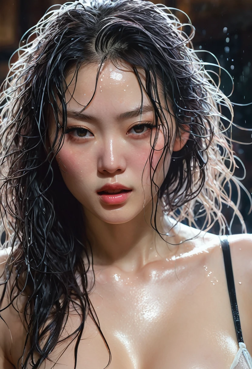 closeup of a Breathtaking hot Japanese prostitute posing seductively and provocatively, covered in sweat, wearing a unbuttoned tight lingerie with long dynamic wet hair , pale skin, perfect skin, black eyeliner , long eyelashes, soft skin, defined cheek bones, high cheek bones, round face, cheery, blushing, magic mist, digital painting, digital illustration, extreme detail, digital art, 4k, ultra hd, Anna Dittmann, greg rutkowski, alyssa monks, hyperrealism, trending on artstation, by Egon Schiele, gustave dore, david mann, vintage photography, beautiful, tumblr aesthetic, hd photography, hyperrealism
