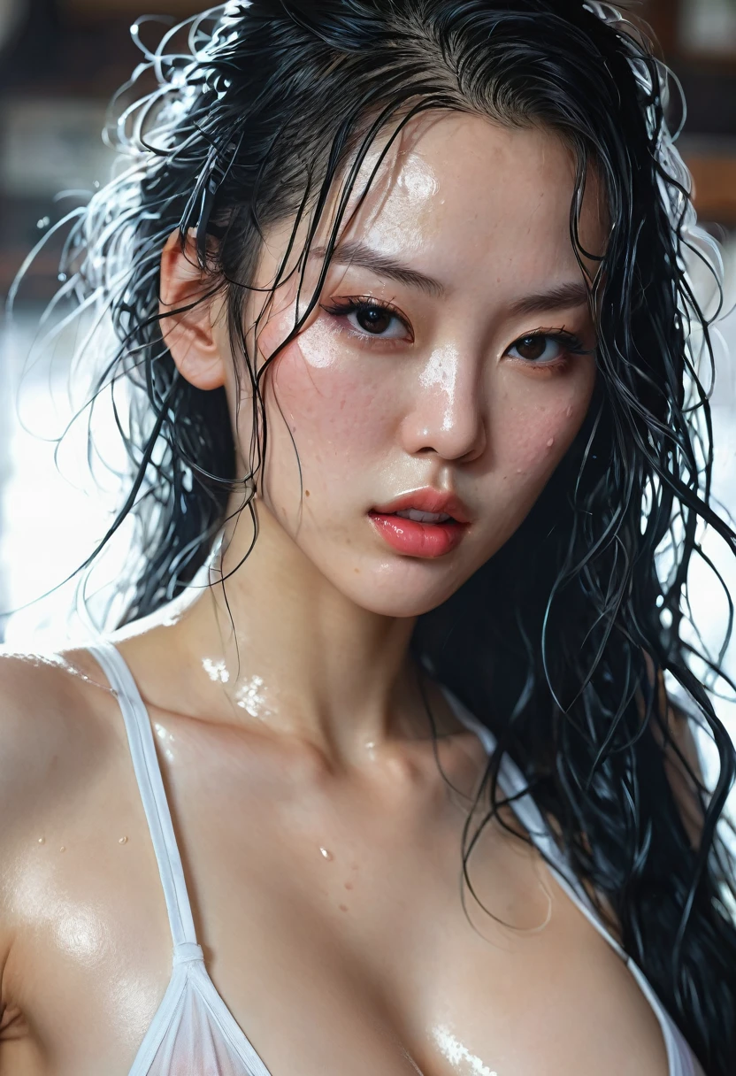 closeup of a Breathtaking hot Japanese prostitute posing seductively and provocatively, covered in sweat, wearing a unbuttoned tight lingerie with long dynamic wet hair , pale skin, perfect skin, black eyeliner , long eyelashes, soft skin, defined cheek bones, high cheek bones, round face, cheery, blushing, magic mist, digital painting, digital illustration, extreme detail, digital art, 4k, ultra hd, Anna Dittmann, greg rutkowski, alyssa monks, hyperrealism, trending on artstation, by Egon Schiele, gustave dore, david mann, vintage photography, beautiful, tumblr aesthetic, hd photography, hyperrealism