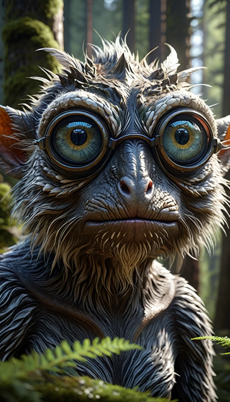 In the mountains and forests，A creature with a human face and four eyes(best quality，4K，8k，High level，masterpiece：1.2），Ultra Detailed，（lifelike，Photo real，Photo real：1.37），Highly detailed animals，Complex patterns，Realistic lighting