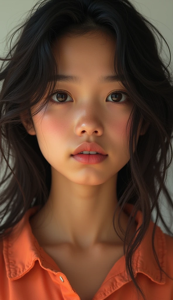 (portrait, editorial photograph of a beautiful asian girl, adorable face, freckles, long brown curly hair, hazel eyes, by lee jeffries, nikon d850, film stock photograph ,4 kodak portra 400 ,camera f1.6 lens ,rich colors ,hyper realistic ,lifelike texture, dramatic lighting, (highly detailed face:1.4), perfect eyes, realistic iris, perfect teeth, (smile:0.7), (background dark, shadow of the leaves, moody, cleavage), sun rising, early morning light, Wishing for something, masterpiece, best quality, photorealistic, Citizen of Guinea-Bissau, very cute super model, perfect anatomy, skinny, ((small breasts)), ((full body shot))