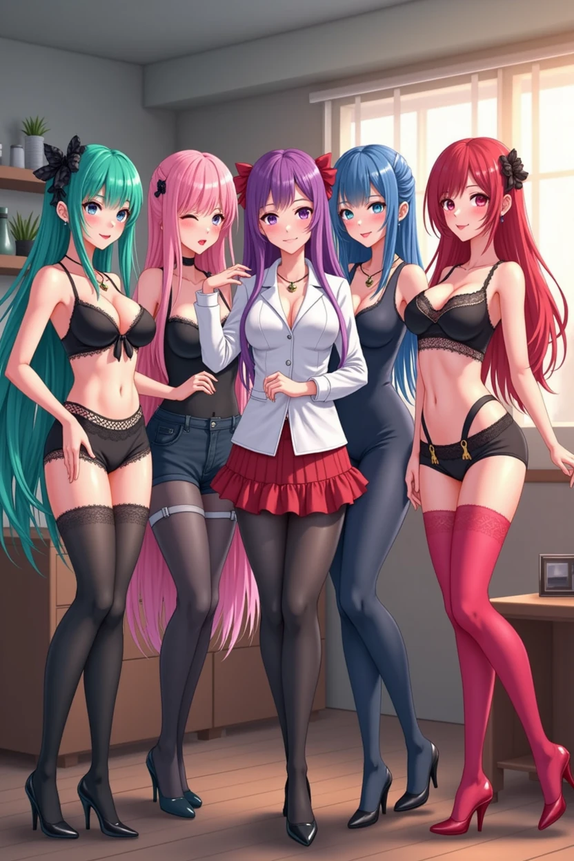 5 Beautiful Anime MILFs in Good Quality with Different Hair Colors(green,pink,BLUE,violet,red) standing against the backdrop of an apartment in different poses,everyone is wearing stockings,tights and skirts,アニメ,??????,2d,v4