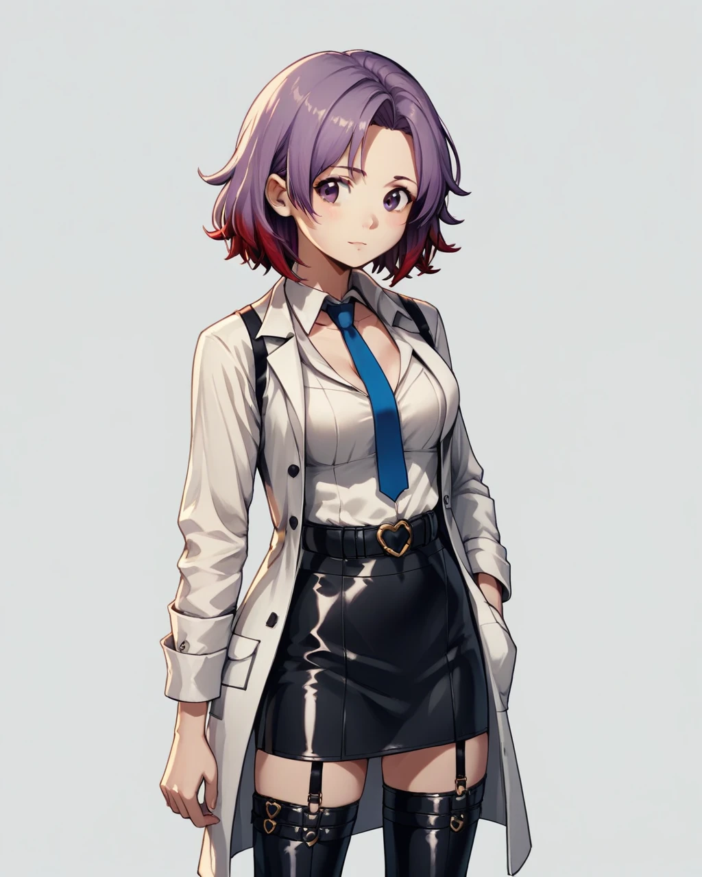 3_3, young, cute, and sexy girl with a long and curly purple hair with red locks, and also purple eyes. She often uses a lab coat, a white shirt with visible cleavage and a leather belt, blue tie and black short skirt and vest. Sherry also wears black stockings with straps and leather boots.