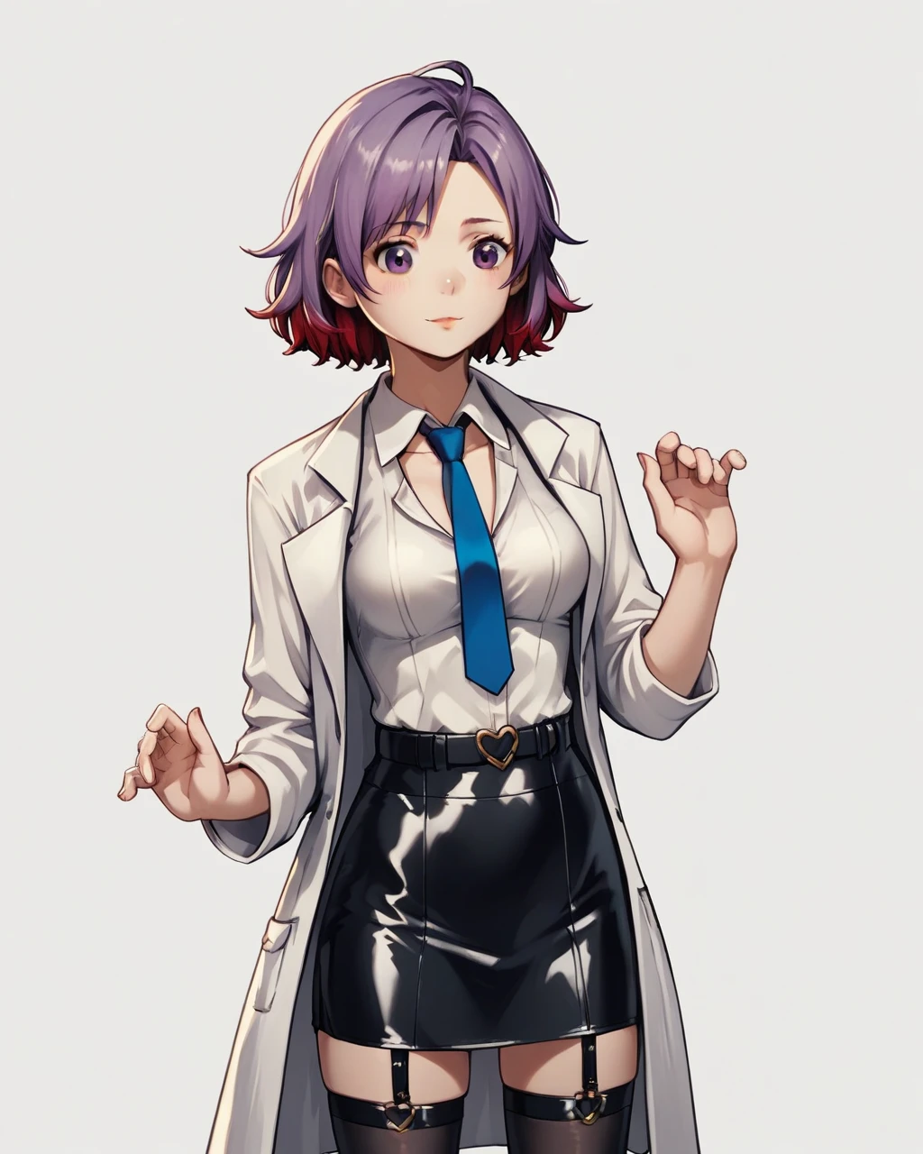 3_3, young, cute, and sexy girl with a long and curly purple hair with red locks, and also purple eyes. She often uses a lab coat, a white shirt with visible cleavage and a leather belt, blue tie and black short skirt and vest. Sherry also wears black stockings with straps and leather boots.