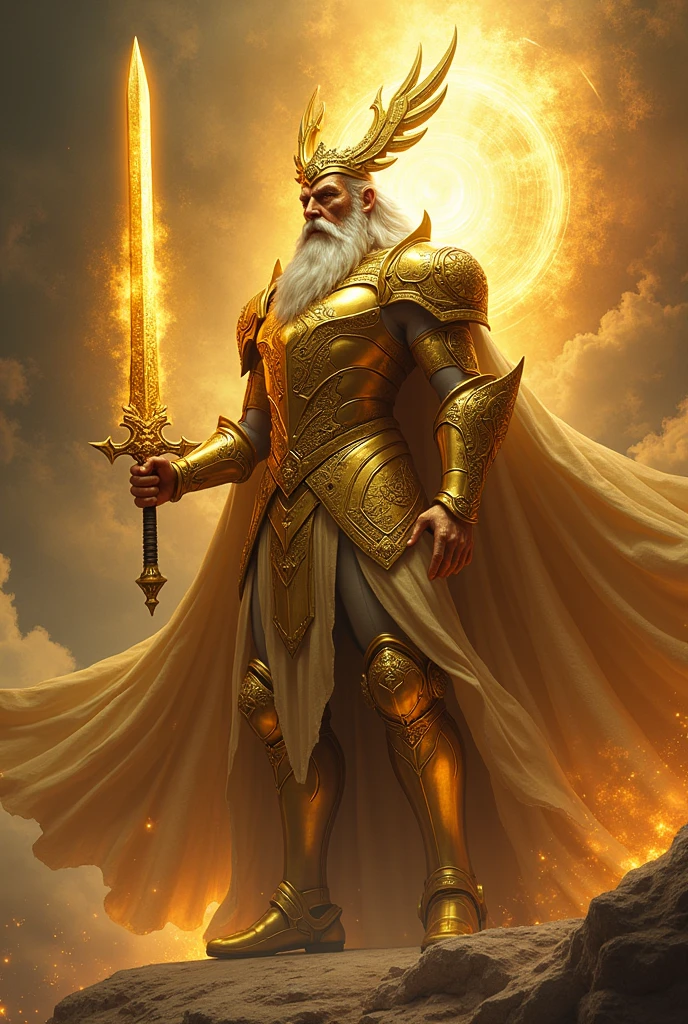 A old  god with a golden armour and a sword with musical powers with a armour helmet