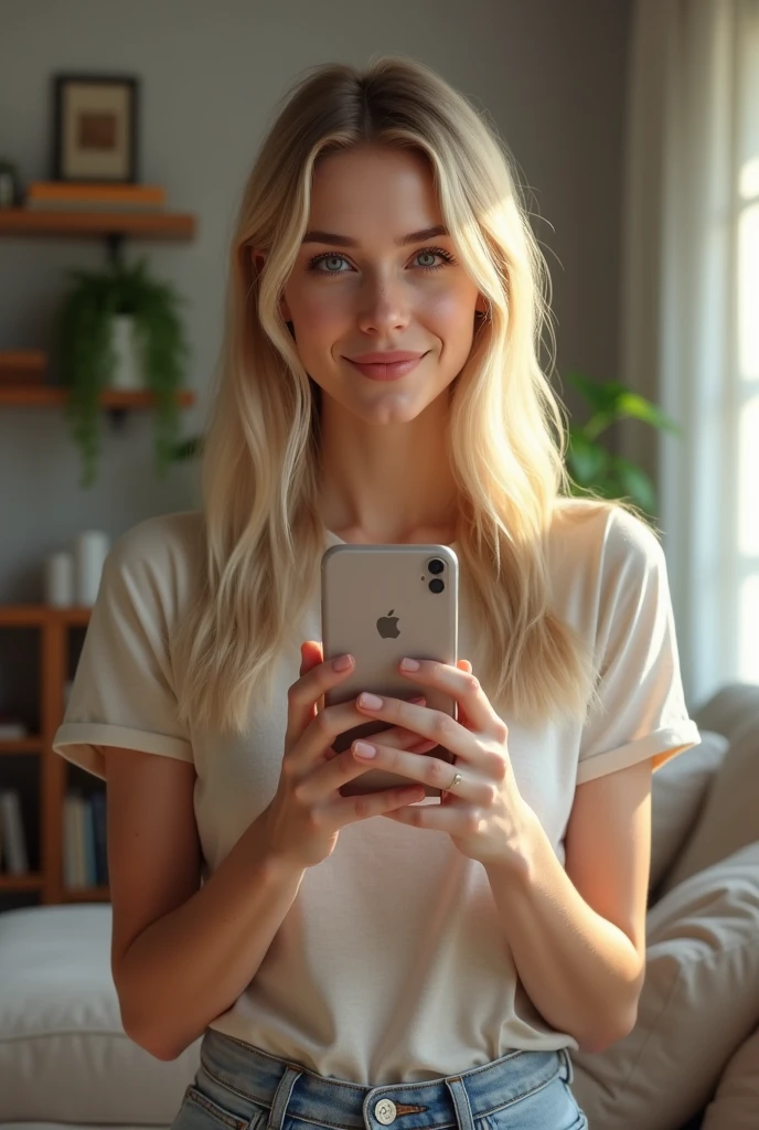 A realistic Nordic woman taking a selfie in a natural, relaxed pose. She has fair skin, light blue eyes, and long, straight blonde hair. She is holding a smartphone in front of her with a slight smile on her face. The background is a cozy, well-lit indoor space, such as a living room or a bedroom, with some personal items visible in the background, like books, a plant, or a framed picture on the wall. She is wearing casual clothing like a light-colored t-shirt and jeans. The lighting is soft and natural, highlighting her facial features and creating a warm, inviting atmosphere.

