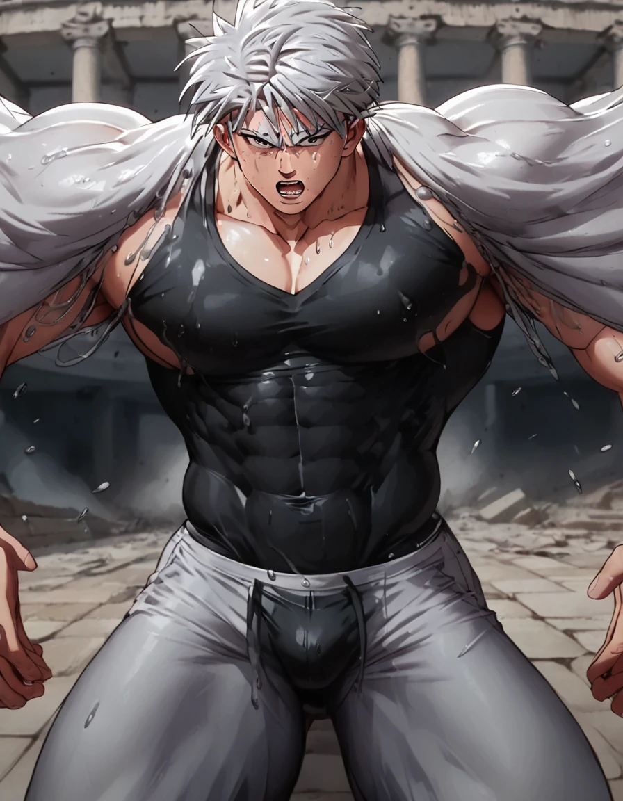 8k,high resolution,Hünkel,bandage,Silver Hair,Hulk-like body,(((18-year-old boy,Huge penis high resolution,Depth of Field 1.8))),((Being pinned down by black tentacles)),Open your arms wide and clench your fists,Open your mouth wide,Wide, unfocused eyes,Many protruding veins,((Black tentacles attack from behind,The black liquid hits my solar plexus with force.:1.5)),Full body images,Painful expression,Grey undershirt,Huge erect penis,A lot of sweat, tears, drool and semen,In the middle of the Colosseum,Gives off an evil aura,Stand up and hold your chest out,Toned Muscles,rape,The demon takes over your body,Laser on chest,stand up