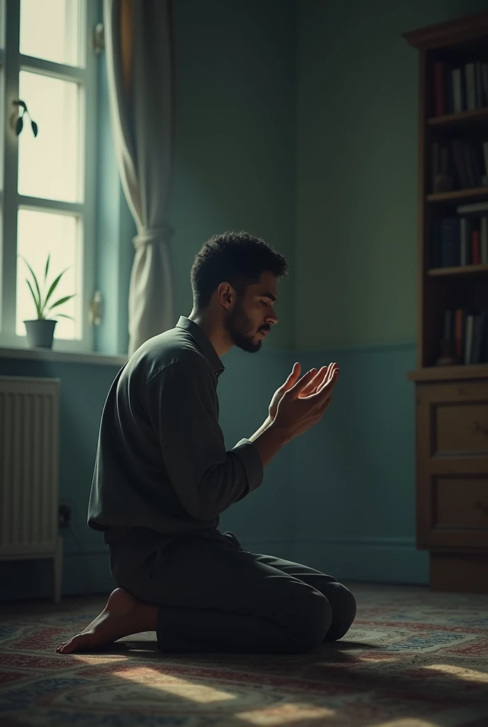 Muslim young man, in room alone, pray for Allah and cry
