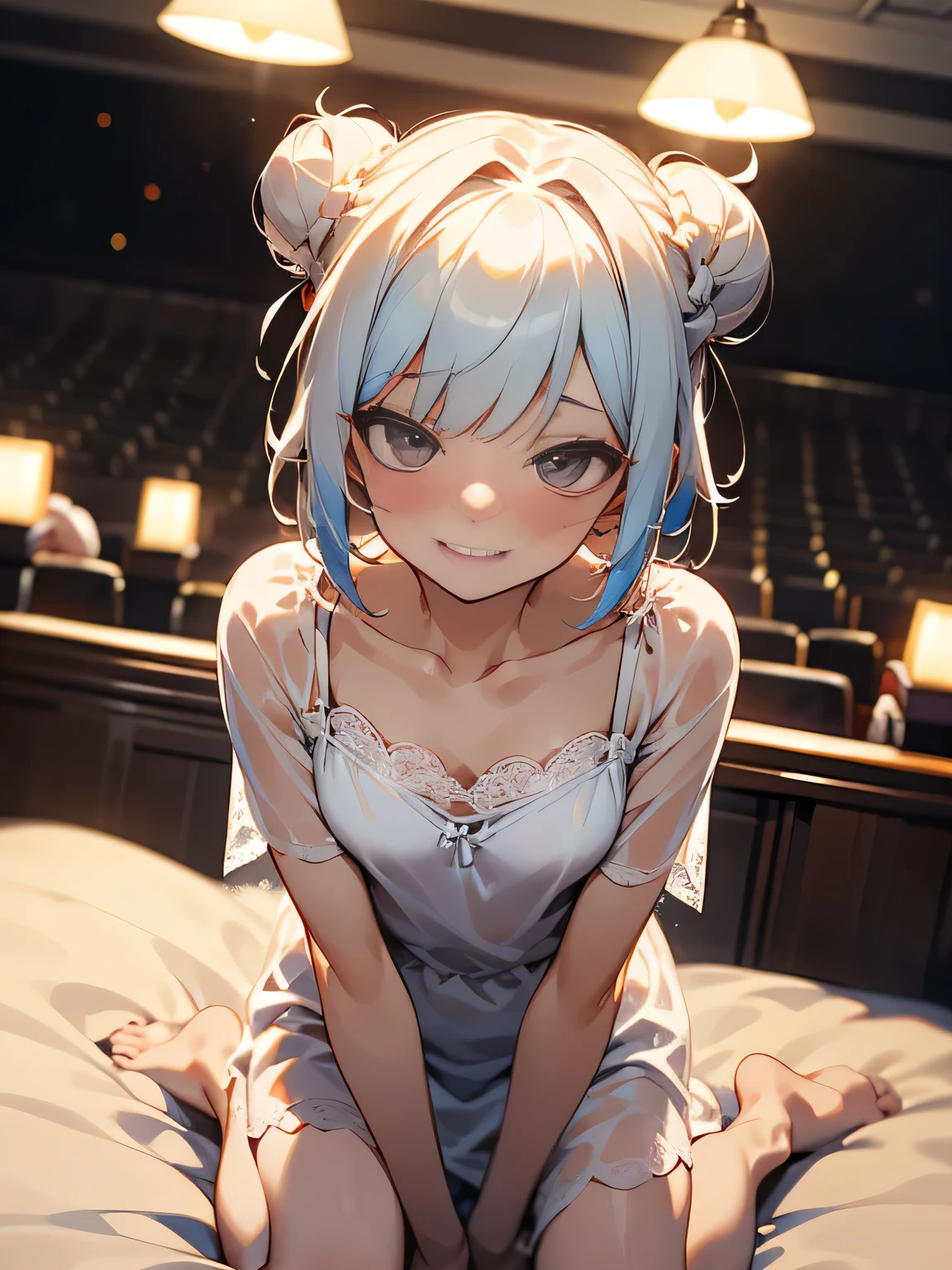 (looking forward view), solo, cute face, mix color hair, spacebun, blurtbangs, eyeliner, nightgown, collarbone, blush, embarrassed, see-through, lace trimming, shy smile, tilting head, quiet, indoors, bedroom, Bed, kneeling on bed, movie theater lights,