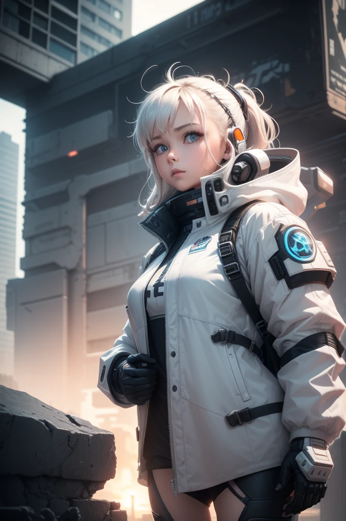 A girl,Wearing a white mech,Floating above the city,Background is the ruins of the city,Cyberpunk style