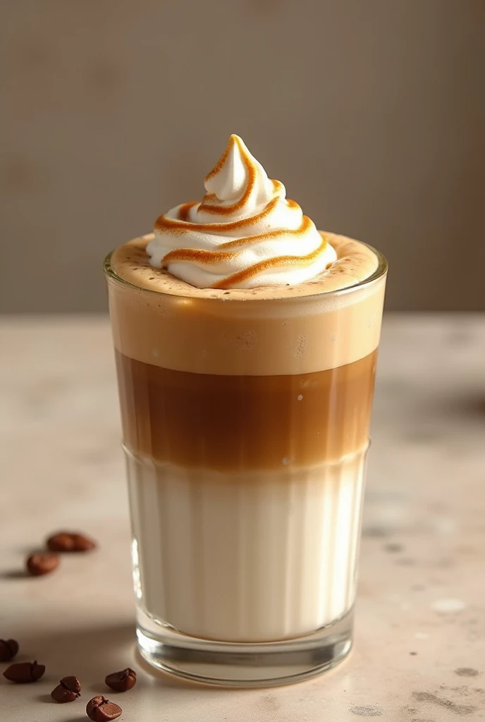 sticky milk coffee in cup which is 75% milk in cup and at the top is cofffe blended