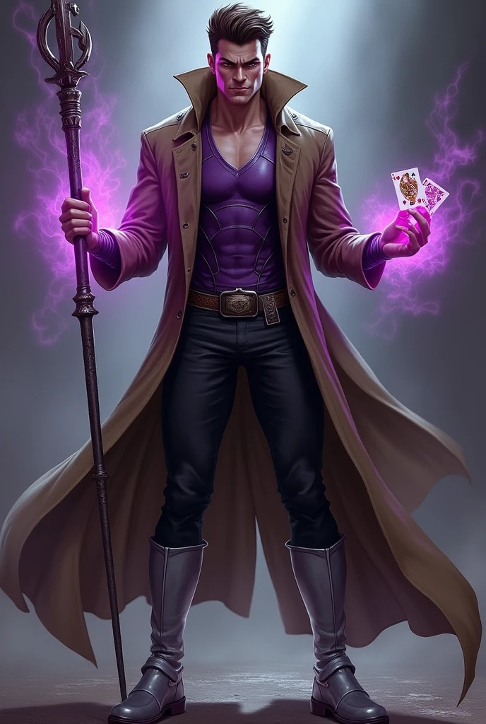 Gambit, white man, thirty-year-old, brown hair, handsome, shaved, black sclera, red pupils, smirking, full body, strong, brown trenchcoat, purple chestplate, tight black spandex pants, belt, silver high boots, metallic staff on right hand, cards on left hand, knee pads, standing, aura, glowing hands, purple-magenta aura,