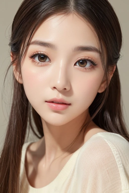 High-quality, ultra-realistic portraits。She has a beautiful nose、Her facial features are gorgeous yet naturally balanced.。((Big eyes are kind、Gives a bright impression))。The skin is transparent、Has a healthy glow。Makeup is natural、Use orange or mustard colored eyeshadow.、Lip color is subdued。The lighting is soft and natural.、Accentuating facial features、Does not emphasize shadows。The background is simple and has a blurred gradient.、Focus on the face。
