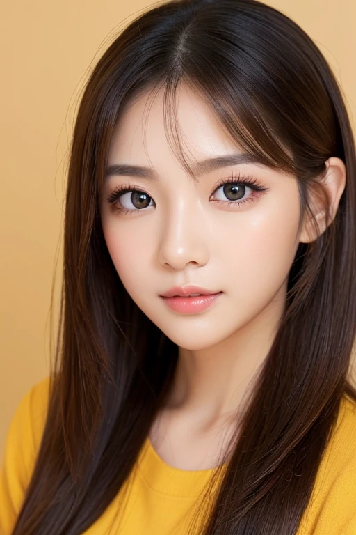 High-quality, ultra-realistic portraits。She has a beautiful nose、Her facial features are gorgeous yet naturally balanced.。((Big eyes are kind、Gives a bright impression))。The skin is transparent、Has a healthy glow。Makeup is natural、Use orange or mustard colored eyeshadow.、Lip color is subdued。The lighting is soft and natural.、Accentuating facial features、Does not emphasize shadows。The background is simple and has a blurred gradient.、Focus on the face。