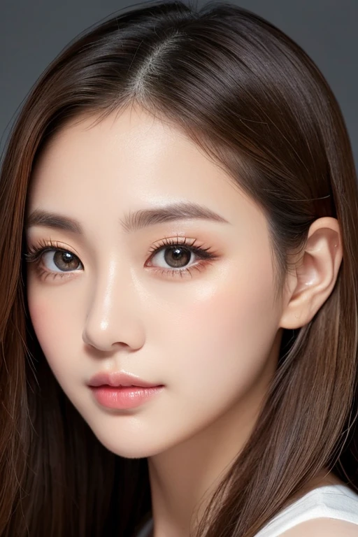 High-quality, ultra-realistic portraits。She has a beautiful nose、Her facial features are gorgeous yet naturally balanced.。((Big eyes are kind、Gives a bright impression))。The skin is transparent、Has a healthy glow。Makeup is natural、Use orange or mustard colored eyeshadow.、Lip color is subdued。The lighting is soft and natural.、Accentuating facial features、Does not emphasize shadows。The background is simple and has a blurred gradient.、Focus on the face。