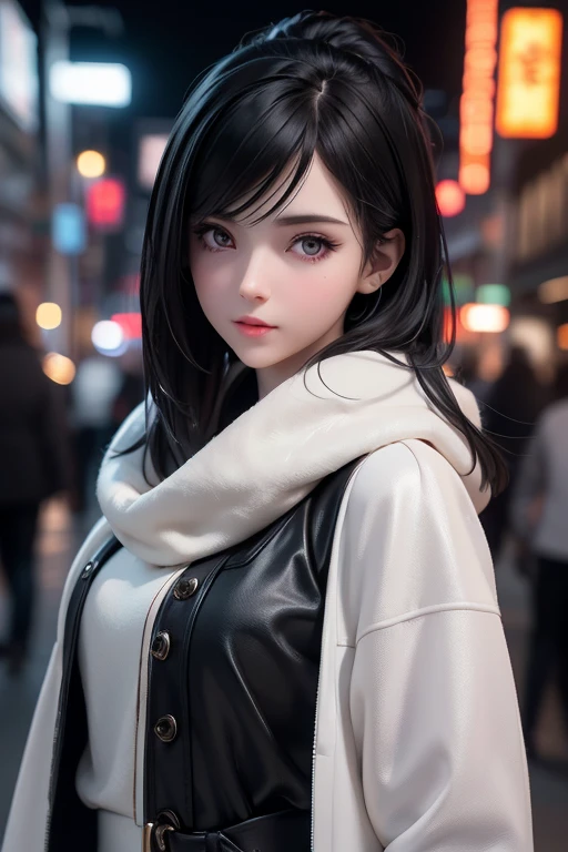 Beautiful girl with realistic black eyes, pale skin, medium length black hair, perfect face, Perfect eyes, in a coat, very detailed, all-encompassing cinematic, digital painting, 8 K, cinematic lighting, Best quality, a high resolution, Detailed work, Post-processing, Perfect result, hyperrealistic